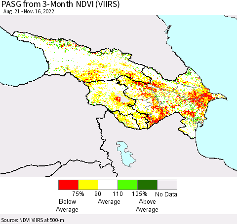 Azerbaijan, Armenia and Georgia PASG from 3-Month NDVI (VIIRS) Thematic Map For 11/9/2022 - 11/16/2022