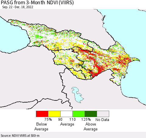 Azerbaijan, Armenia and Georgia PASG from 3-Month NDVI (VIIRS) Thematic Map For 12/11/2022 - 12/18/2022