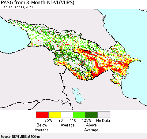 Azerbaijan, Armenia and Georgia PASG from 3-Month NDVI (VIIRS) Thematic Map For 4/7/2023 - 4/14/2023