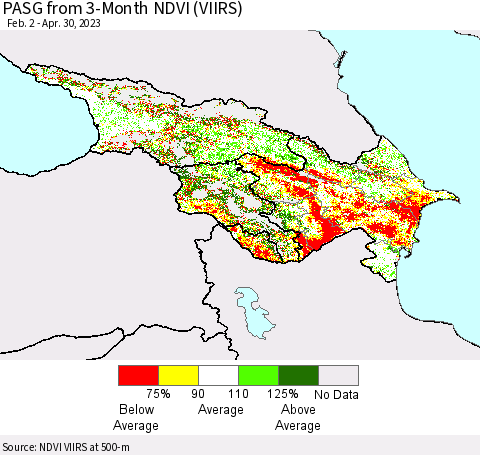 Azerbaijan, Armenia and Georgia PASG from 3-Month NDVI (VIIRS) Thematic Map For 4/23/2023 - 4/30/2023