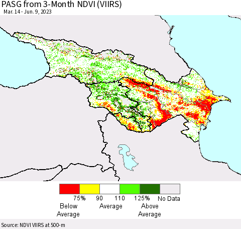 Azerbaijan, Armenia and Georgia PASG from 3-Month NDVI (VIIRS) Thematic Map For 6/2/2023 - 6/9/2023