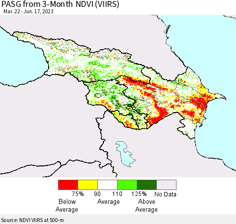 Azerbaijan, Armenia and Georgia PASG from 3-Month NDVI (VIIRS) Thematic Map For 6/10/2023 - 6/17/2023
