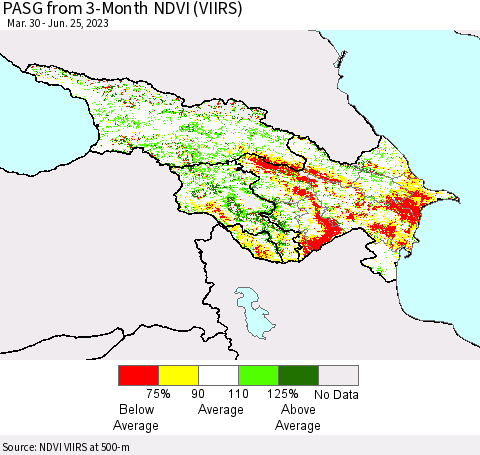 Azerbaijan, Armenia and Georgia PASG from 3-Month NDVI (VIIRS) Thematic Map For 6/18/2023 - 6/25/2023