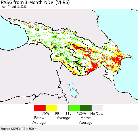Azerbaijan, Armenia and Georgia PASG from 3-Month NDVI (VIIRS) Thematic Map For 6/26/2023 - 7/3/2023