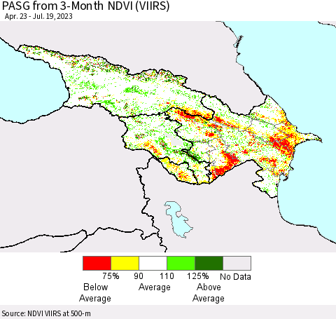 Azerbaijan, Armenia and Georgia PASG from 3-Month NDVI (VIIRS) Thematic Map For 7/12/2023 - 7/19/2023