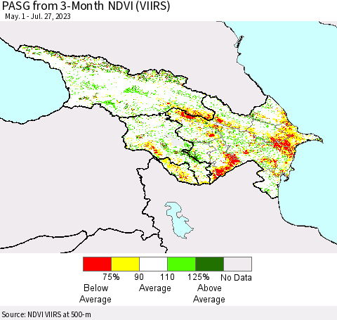 Azerbaijan, Armenia and Georgia PASG from 3-Month NDVI (VIIRS) Thematic Map For 7/20/2023 - 7/27/2023