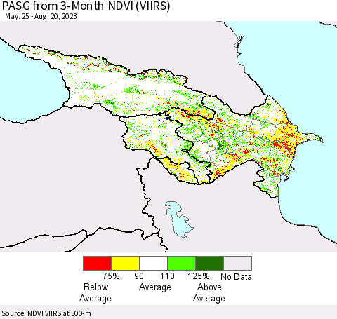 Azerbaijan, Armenia and Georgia PASG from 3-Month NDVI (VIIRS) Thematic Map For 8/13/2023 - 8/20/2023