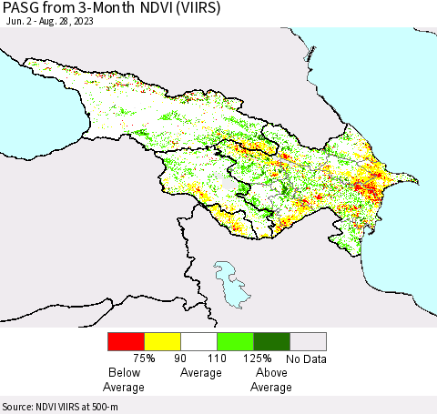 Azerbaijan, Armenia and Georgia PASG from 3-Month NDVI (VIIRS) Thematic Map For 8/21/2023 - 8/28/2023