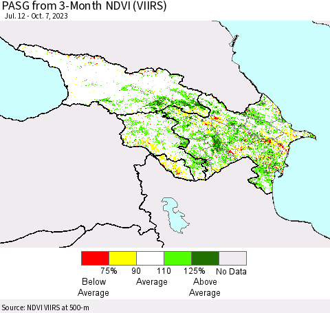 Azerbaijan, Armenia and Georgia PASG from 3-Month NDVI (VIIRS) Thematic Map For 9/30/2023 - 10/7/2023