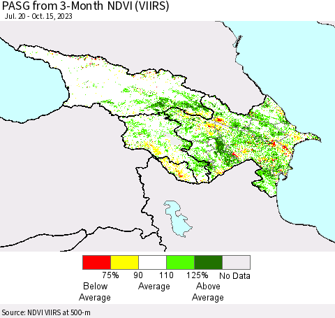 Azerbaijan, Armenia and Georgia PASG from 3-Month NDVI (VIIRS) Thematic Map For 10/8/2023 - 10/15/2023