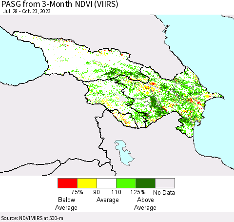 Azerbaijan, Armenia and Georgia PASG from 3-Month NDVI (VIIRS) Thematic Map For 10/16/2023 - 10/23/2023