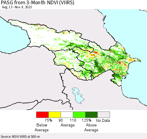 Azerbaijan, Armenia and Georgia PASG from 3-Month NDVI (VIIRS) Thematic Map For 11/1/2023 - 11/8/2023