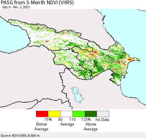 Azerbaijan, Armenia and Georgia PASG from 3-Month NDVI (VIIRS) Thematic Map For 11/25/2023 - 12/2/2023