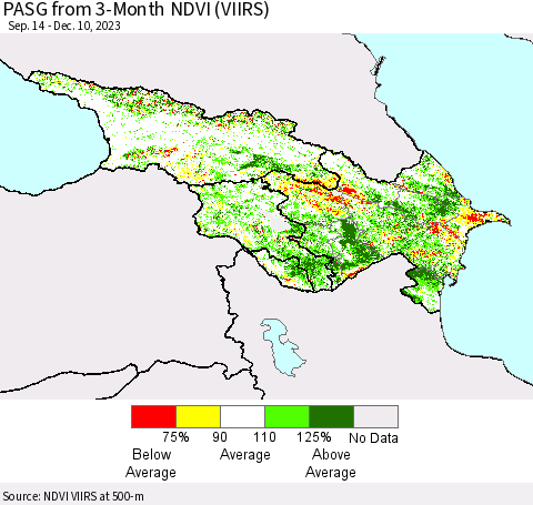 Azerbaijan, Armenia and Georgia PASG from 3-Month NDVI (VIIRS) Thematic Map For 12/3/2023 - 12/10/2023