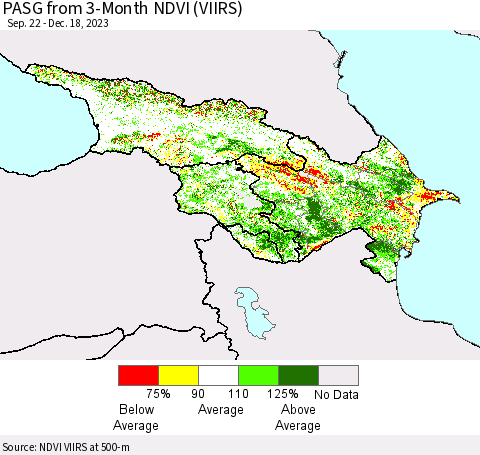 Azerbaijan, Armenia and Georgia PASG from 3-Month NDVI (VIIRS) Thematic Map For 12/11/2023 - 12/18/2023