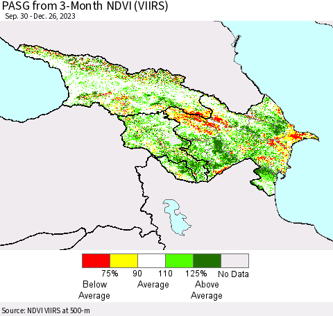 Azerbaijan, Armenia and Georgia PASG from 3-Month NDVI (VIIRS) Thematic Map For 12/19/2023 - 12/26/2023