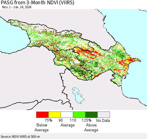 Azerbaijan, Armenia and Georgia PASG from 3-Month NDVI (VIIRS) Thematic Map For 1/17/2024 - 1/24/2024