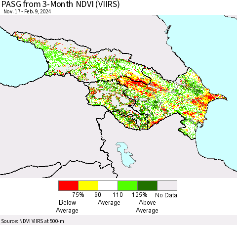 Azerbaijan, Armenia and Georgia PASG from 3-Month NDVI (VIIRS) Thematic Map For 2/2/2024 - 2/9/2024