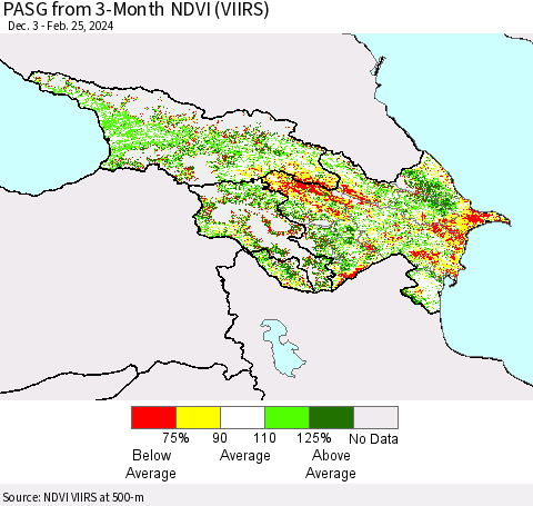 Azerbaijan, Armenia and Georgia PASG from 3-Month NDVI (VIIRS) Thematic Map For 2/18/2024 - 2/25/2024