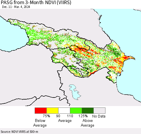 Azerbaijan, Armenia and Georgia PASG from 3-Month NDVI (VIIRS) Thematic Map For 2/26/2024 - 3/4/2024