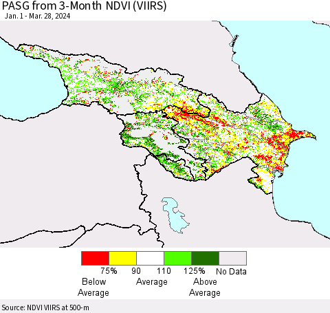Azerbaijan, Armenia and Georgia PASG from 3-Month NDVI (VIIRS) Thematic Map For 3/21/2024 - 3/28/2024
