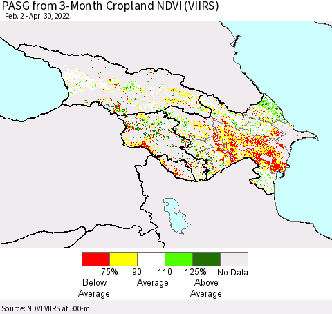 Azerbaijan, Armenia and Georgia PASG from 3-Month Cropland NDVI (VIIRS) Thematic Map For 4/23/2022 - 4/30/2022