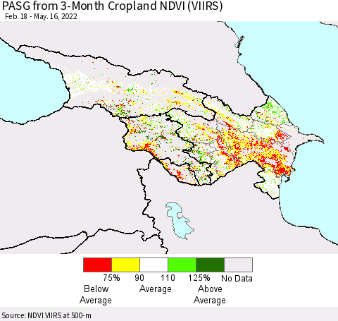 Azerbaijan, Armenia and Georgia PASG from 3-Month Cropland NDVI (VIIRS) Thematic Map For 5/9/2022 - 5/16/2022