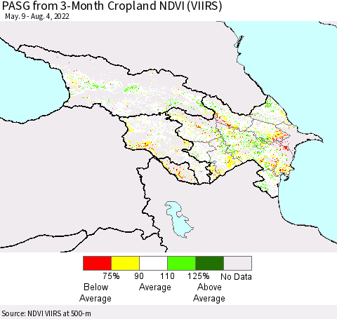 Azerbaijan, Armenia and Georgia PASG from 3-Month Cropland NDVI (VIIRS) Thematic Map For 7/28/2022 - 8/4/2022