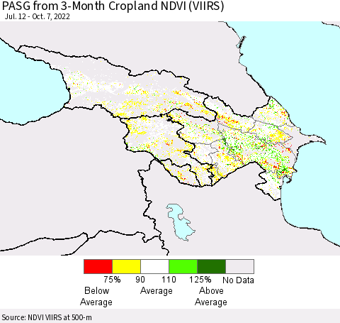 Azerbaijan, Armenia and Georgia PASG from 3-Month Cropland NDVI (VIIRS) Thematic Map For 9/30/2022 - 10/7/2022
