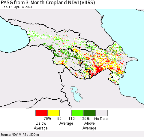 Azerbaijan, Armenia and Georgia PASG from 3-Month Cropland NDVI (VIIRS) Thematic Map For 4/7/2023 - 4/14/2023