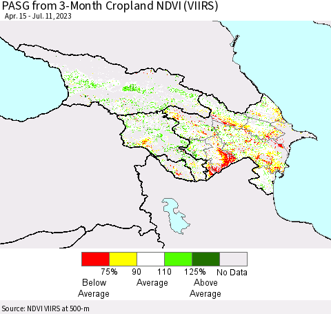 Azerbaijan, Armenia and Georgia PASG from 3-Month Cropland NDVI (VIIRS) Thematic Map For 7/4/2023 - 7/11/2023