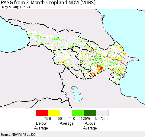 Azerbaijan, Armenia and Georgia PASG from 3-Month Cropland NDVI (VIIRS) Thematic Map For 7/28/2023 - 8/4/2023