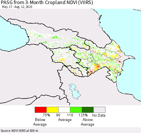 Azerbaijan, Armenia and Georgia PASG from 3-Month Cropland NDVI (VIIRS) Thematic Map For 8/5/2023 - 8/12/2023