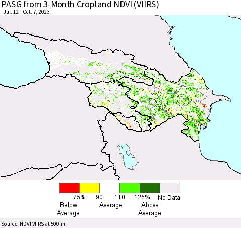 Azerbaijan, Armenia and Georgia PASG from 3-Month Cropland NDVI (VIIRS) Thematic Map For 9/30/2023 - 10/7/2023