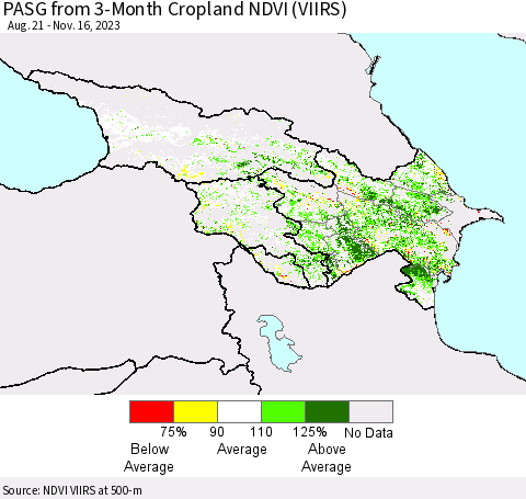 Azerbaijan, Armenia and Georgia PASG from 3-Month Cropland NDVI (VIIRS) Thematic Map For 11/9/2023 - 11/16/2023