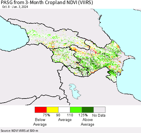 Azerbaijan, Armenia and Georgia PASG from 3-Month Cropland NDVI (VIIRS) Thematic Map For 12/27/2023 - 1/3/2024
