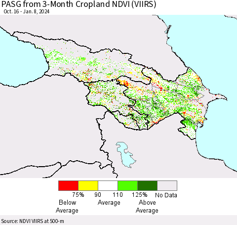 Azerbaijan, Armenia and Georgia PASG from 3-Month Cropland NDVI (VIIRS) Thematic Map For 1/1/2024 - 1/8/2024