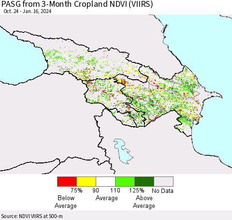 Azerbaijan, Armenia and Georgia PASG from 3-Month Cropland NDVI (VIIRS) Thematic Map For 1/9/2024 - 1/16/2024