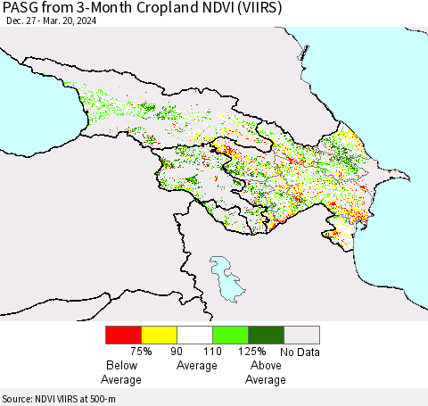 Azerbaijan, Armenia and Georgia PASG from 3-Month Cropland NDVI (VIIRS) Thematic Map For 3/13/2024 - 3/20/2024