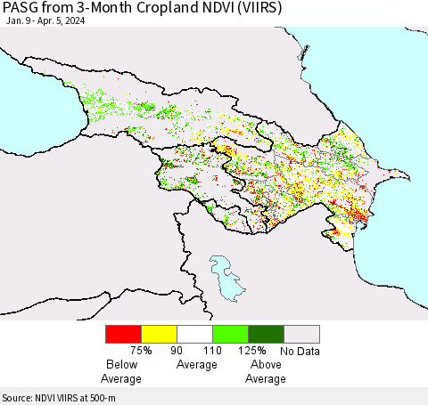 Azerbaijan, Armenia and Georgia PASG from 3-Month Cropland NDVI (VIIRS) Thematic Map For 3/29/2024 - 4/5/2024
