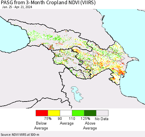 Azerbaijan, Armenia and Georgia PASG from 3-Month Cropland NDVI (VIIRS) Thematic Map For 4/14/2024 - 4/21/2024