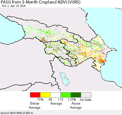 Azerbaijan, Armenia and Georgia PASG from 3-Month Cropland NDVI (VIIRS) Thematic Map For 4/22/2024 - 4/29/2024