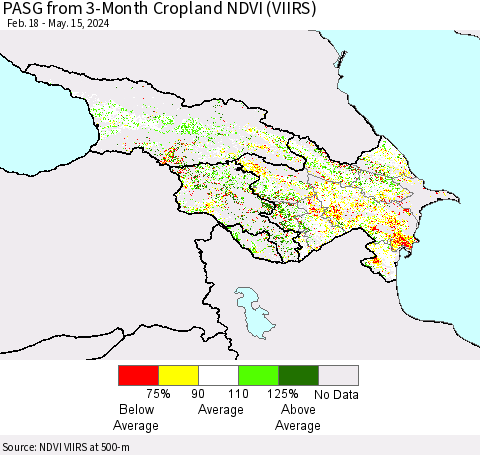 Azerbaijan, Armenia and Georgia PASG from 3-Month Cropland NDVI (VIIRS) Thematic Map For 5/8/2024 - 5/15/2024