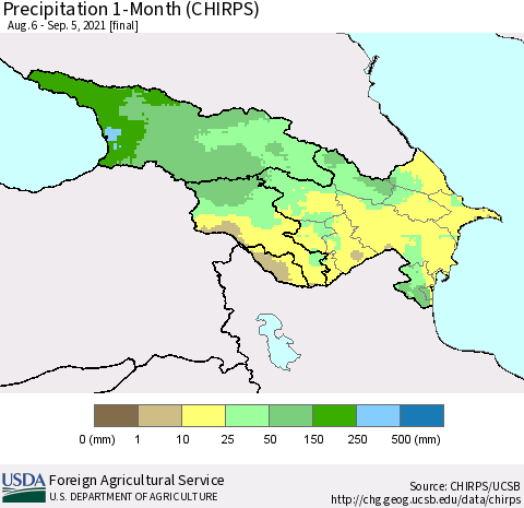 Azerbaijan, Armenia and Georgia Precipitation 1-Month (CHIRPS) Thematic Map For 8/6/2021 - 9/5/2021