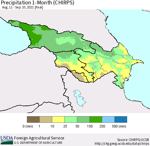 Azerbaijan, Armenia and Georgia Precipitation 1-Month (CHIRPS) Thematic Map For 8/11/2021 - 9/10/2021