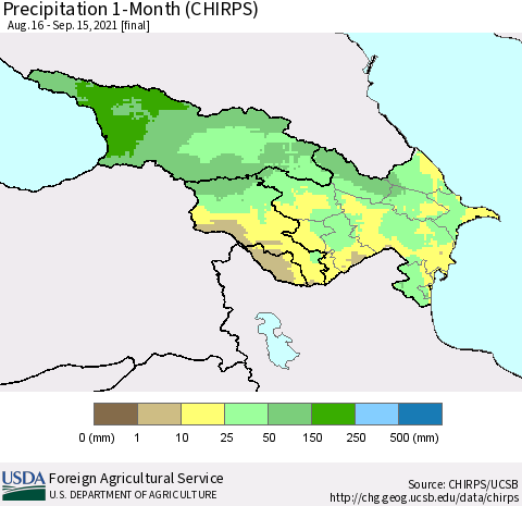 Azerbaijan, Armenia and Georgia Precipitation 1-Month (CHIRPS) Thematic Map For 8/16/2021 - 9/15/2021