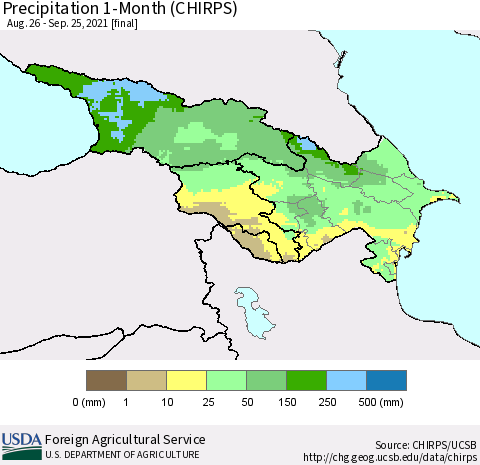 Azerbaijan, Armenia and Georgia Precipitation 1-Month (CHIRPS) Thematic Map For 8/26/2021 - 9/25/2021