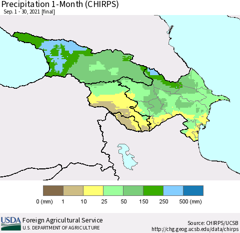 Azerbaijan, Armenia and Georgia Precipitation 1-Month (CHIRPS) Thematic Map For 9/1/2021 - 9/30/2021