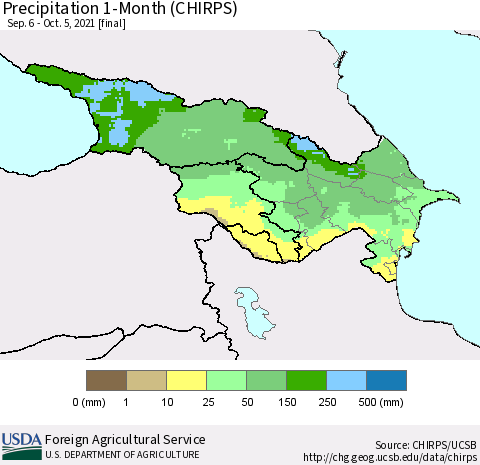Azerbaijan, Armenia and Georgia Precipitation 1-Month (CHIRPS) Thematic Map For 9/6/2021 - 10/5/2021