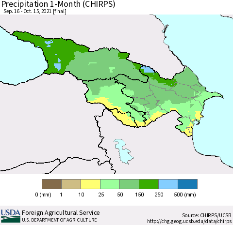 Azerbaijan, Armenia and Georgia Precipitation 1-Month (CHIRPS) Thematic Map For 9/16/2021 - 10/15/2021